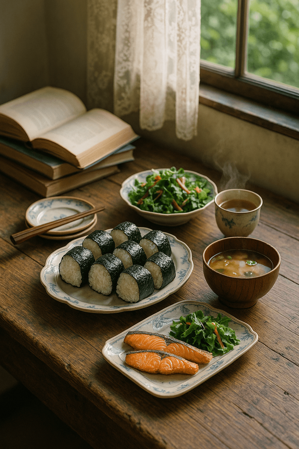 小麦をやめた後の和朝食(おにぎり・味噌汁・焼き鮭・サラダ)グルテンフリー生活の食事例