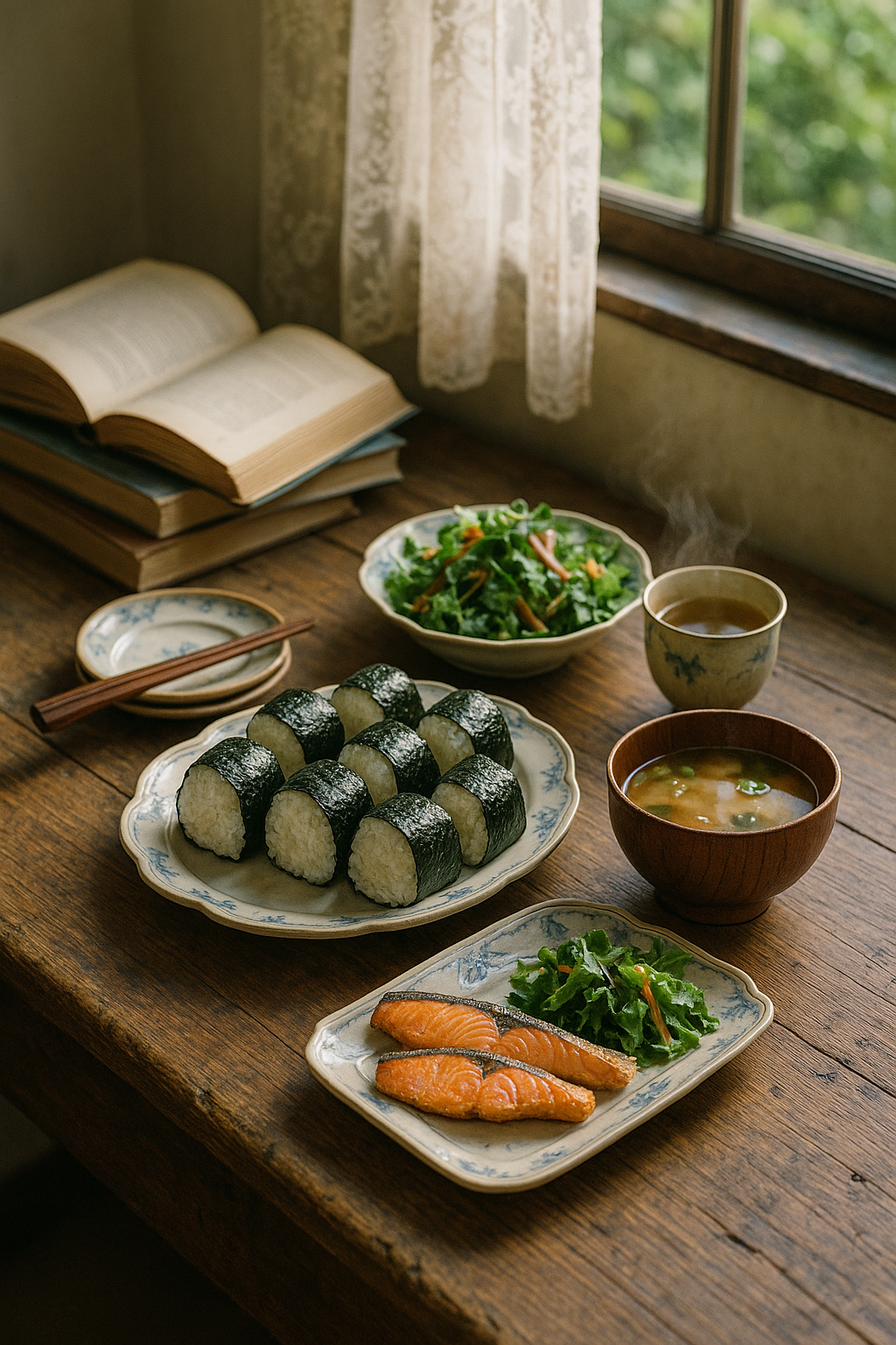 小麦をやめた後の和朝食（おにぎり・味噌汁・焼き鮭・サラダ）