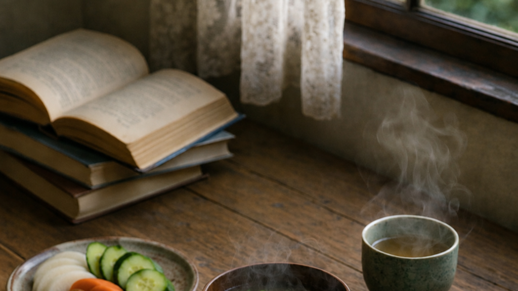 本を読みながら過ごす朝の時間と、湯気の立つ温かい和朝食