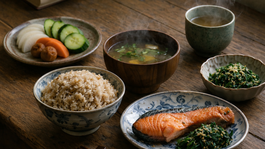 体質改善のために10年以上続けているグルテンフリー・ゼロ食の朝食。玄米ご飯、焼き鮭、味噌汁、ぬか漬け、ほうれん草のおひたし。