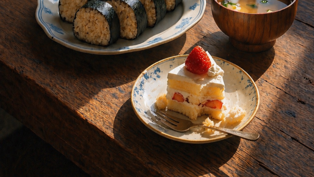 玄米おにぎりと味噌汁、ショートケーキを並べた食卓。甘いものとの向き合い方を表現した写真。