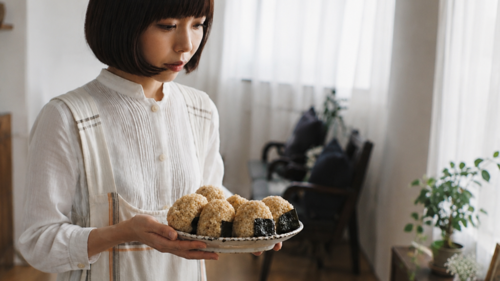10年以上続けているグルテンフリーとゼロ食を実践する様子。玄米おにぎりを持つ女性。